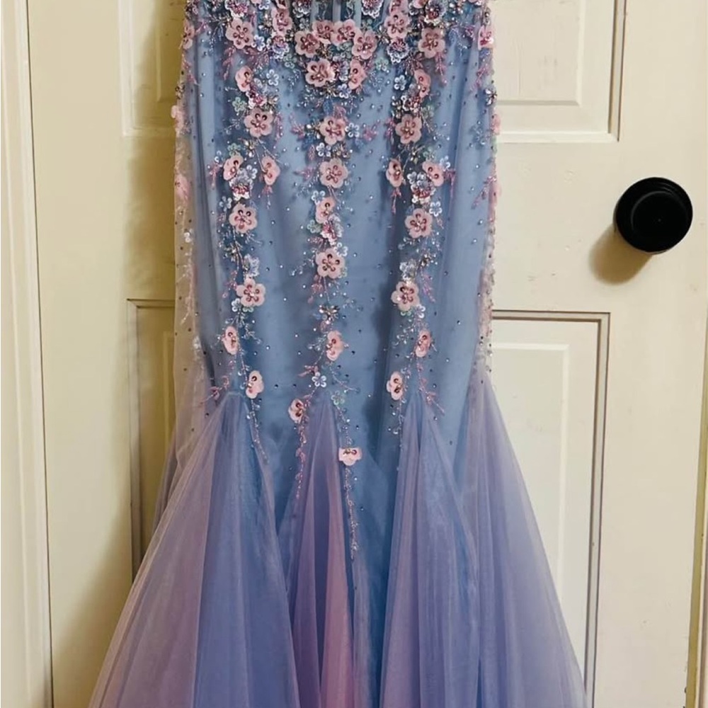 Jovani Blue and Pink Floral Prom Dress
